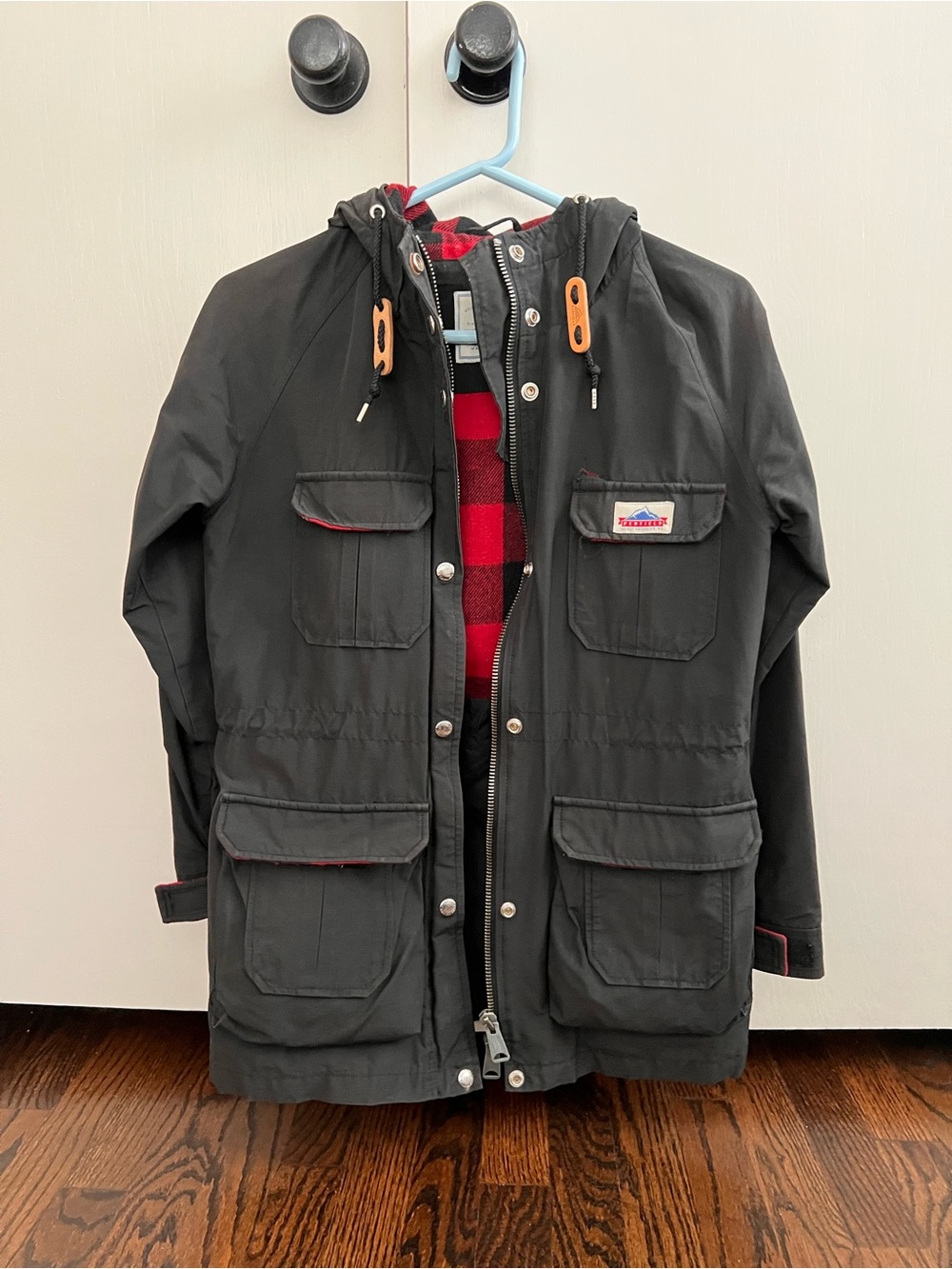 Penfield Black Hooded Field Jacket with Red Plaid Lining
